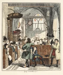 Jack Sheppard pleegt een overval in de kerk van Willesden, illustratie uit Jack Sheppard: A Romance door William Harrison Ainsworth, uitgegeven 1839